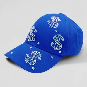 Blue Dollar Rhinestone Crystal Brimmed Baseball Cap Hat Fashion Bling Money